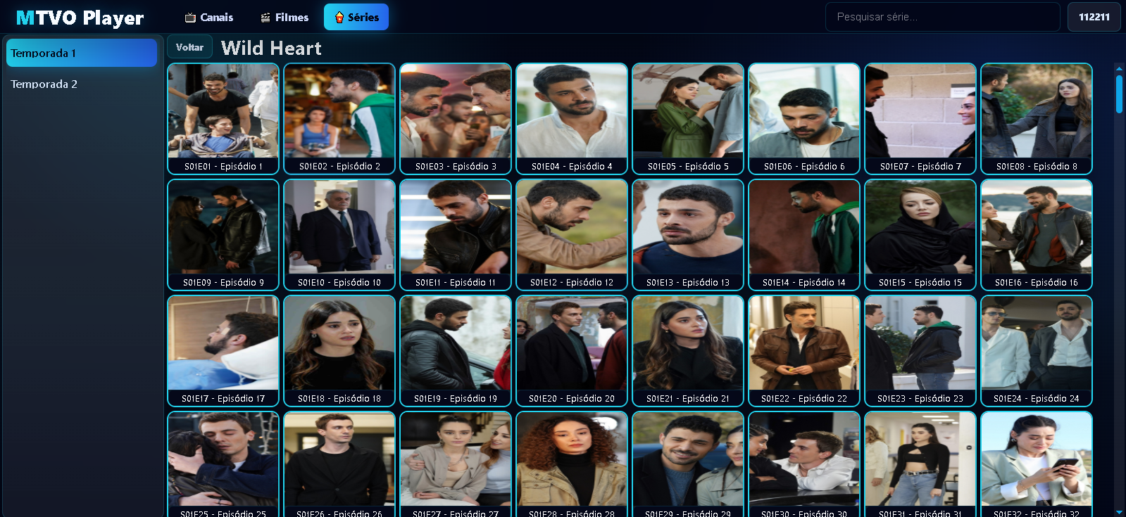 Tela de séries do MTVO WebPlayer